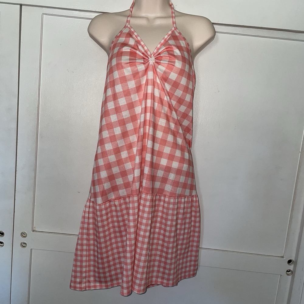 Cat Jack Girls Peach White Gingham Halter Sleepwear Dress XL 14-16 Flame Resist